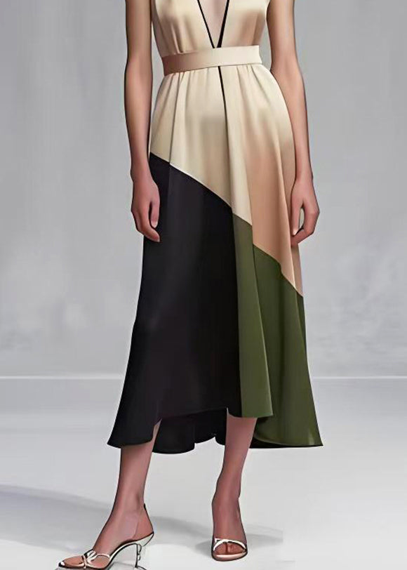 Satin Deep V-Neck Sleeveless Geometric Patchwork Belted Midi Dress - View 5