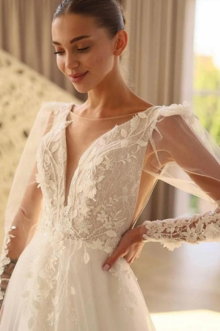 Beautiful Long A-line V-neck Lace Tulle Wedding Dress with Long Sleeves - Fashionpara