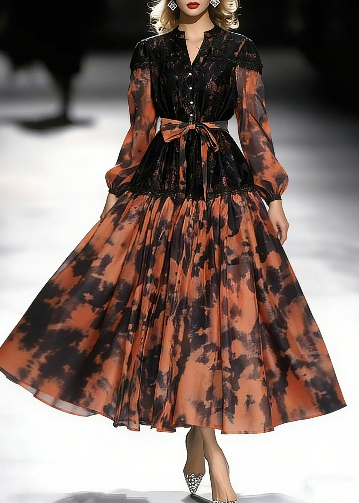 Abstract Print Lace Patchwork Mandarin Collar Midi Dress