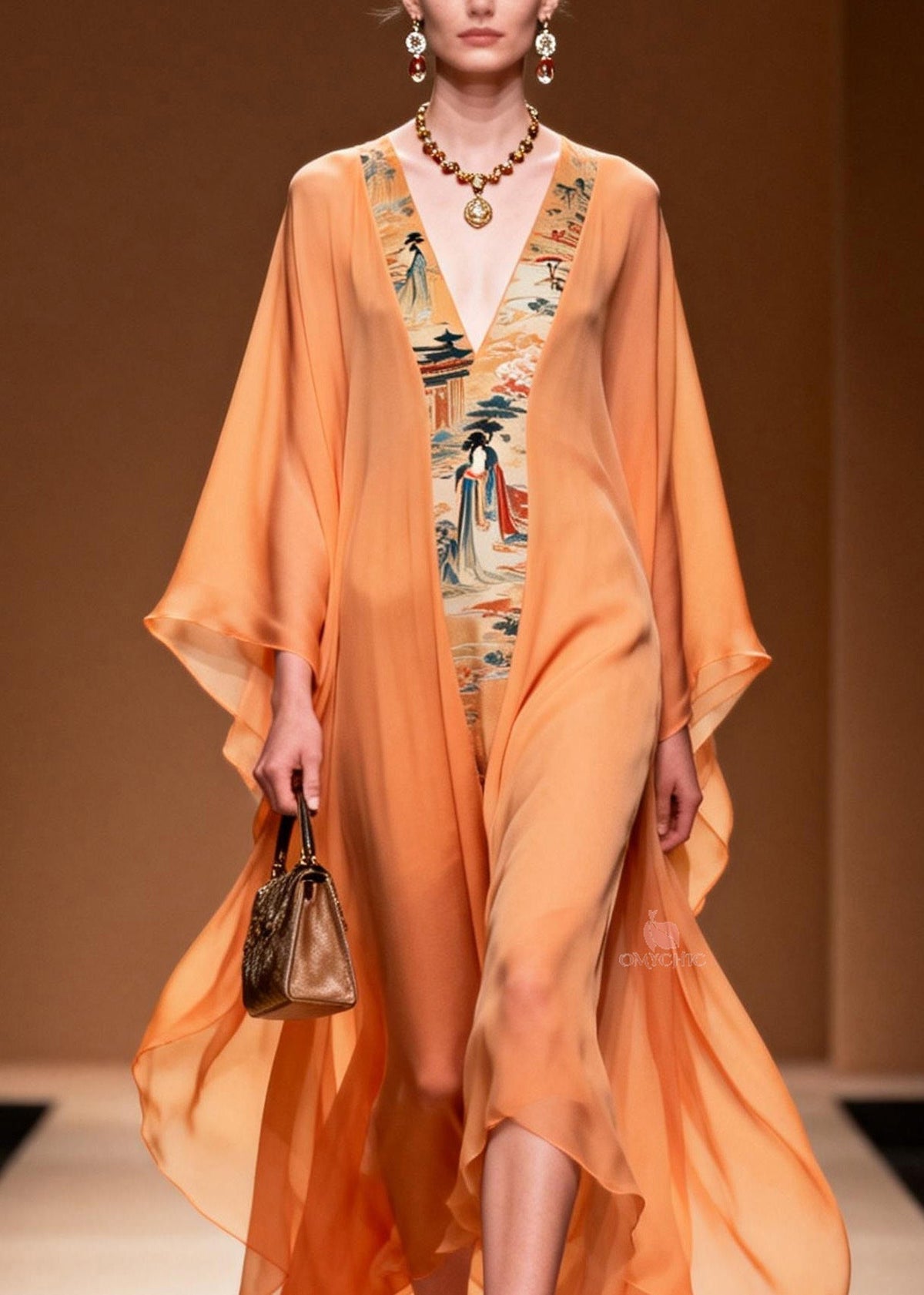 Oriental Tapestry Panel Deep V-Neck Sleeve Sheer Maxi Gown - View 2