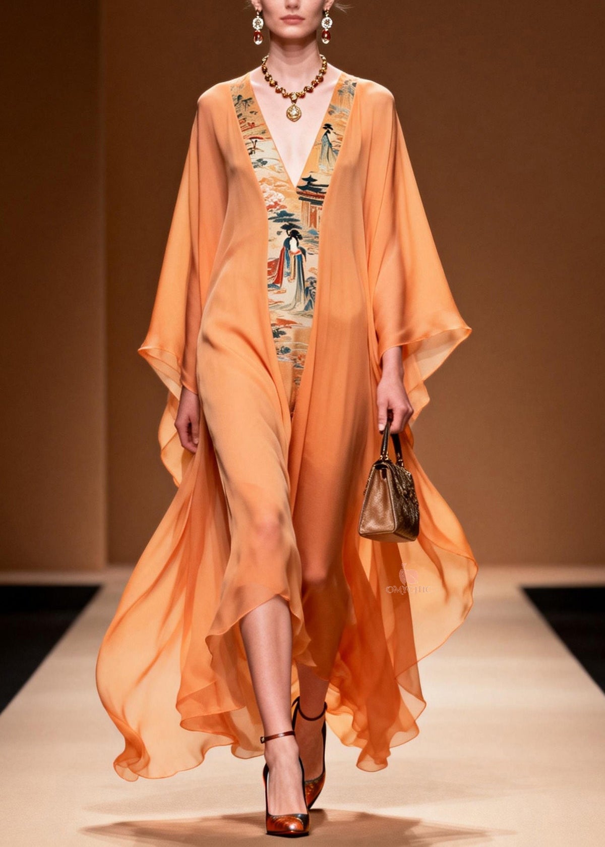 Oriental Tapestry Panel Deep V-Neck Sleeve Sheer Maxi Gown - View 3