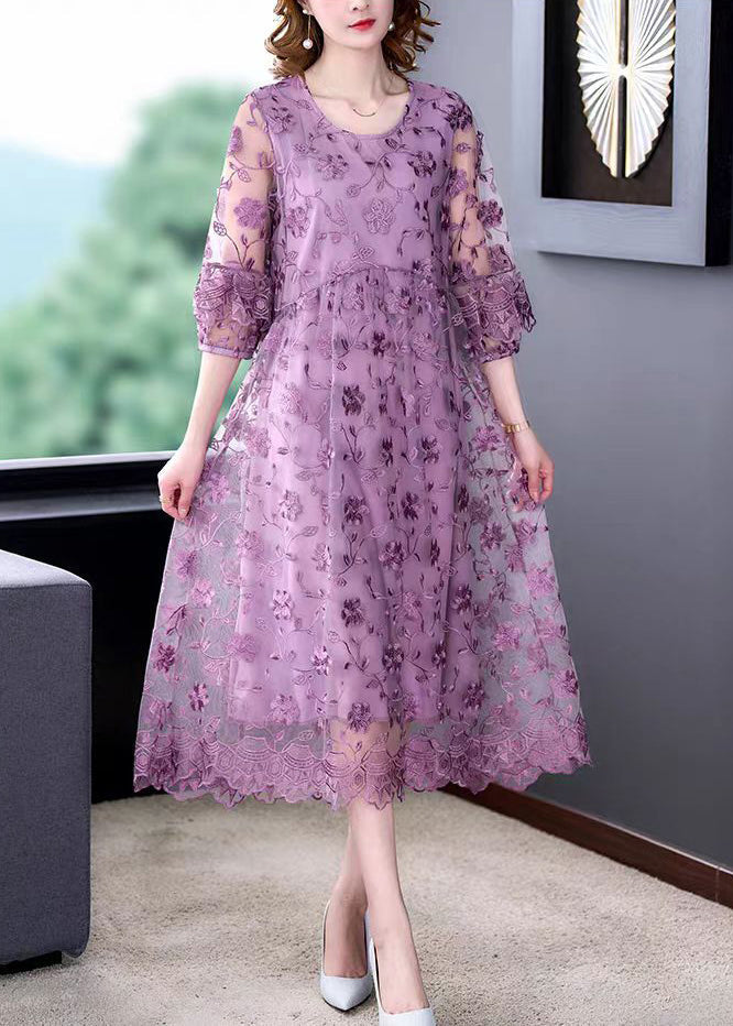 Floral Embroidered Mesh Three Quarter Puff Sleeve Midi Dress - View 3