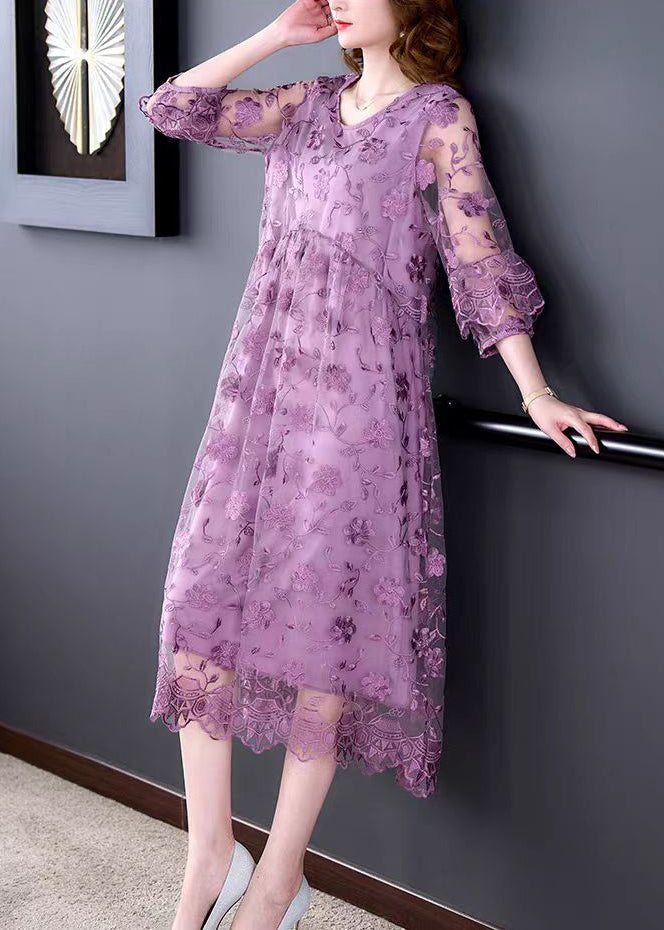Floral Embroidered Mesh Three Quarter Puff Sleeve Midi Dress - View 4