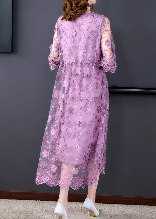Floral Embroidered Mesh Three Quarter Puff Sleeve Midi Dress - View 5