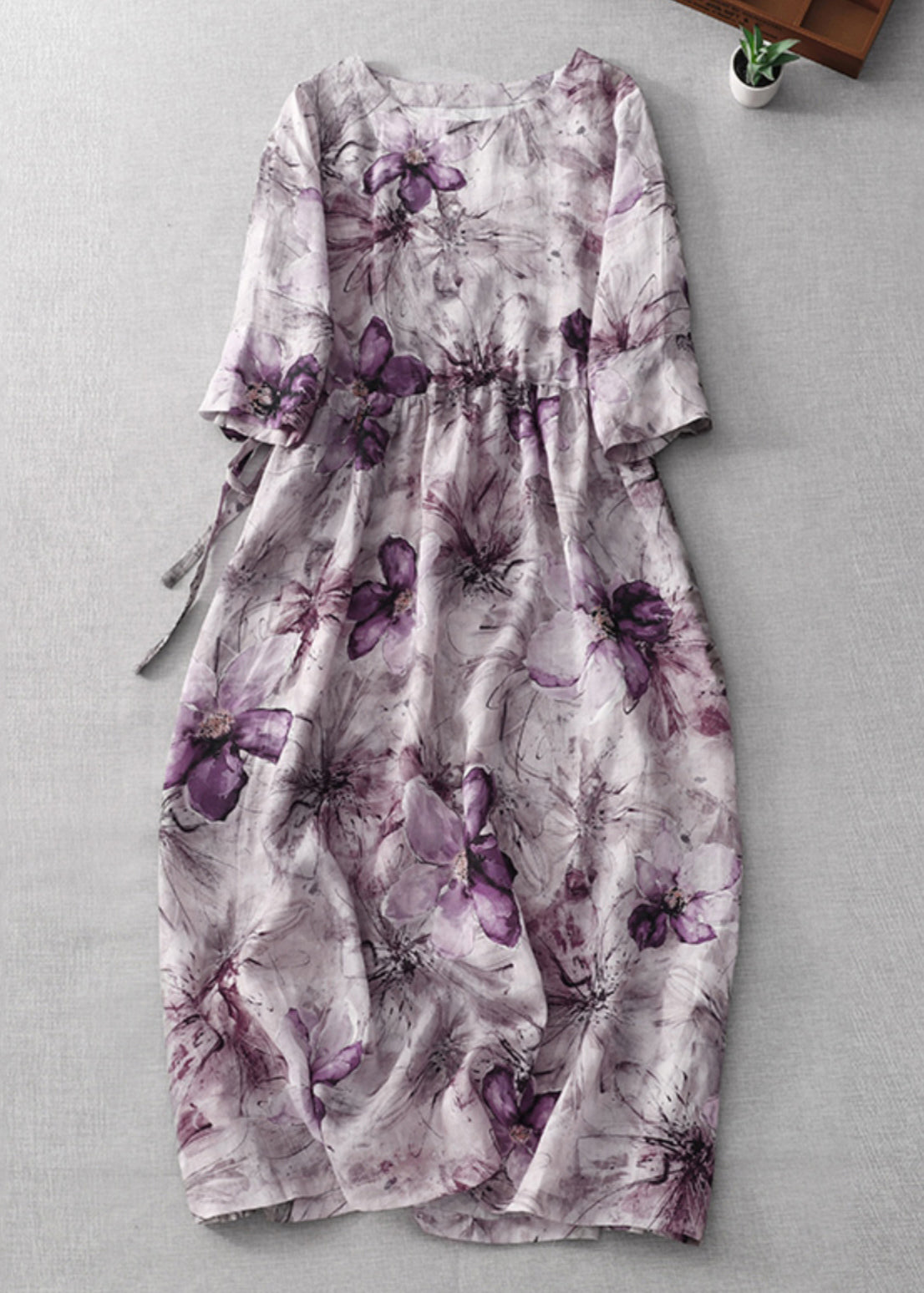 Floral Print Round Neck Bracelet Sleeve Tie A-Line Midi Dress - View 2