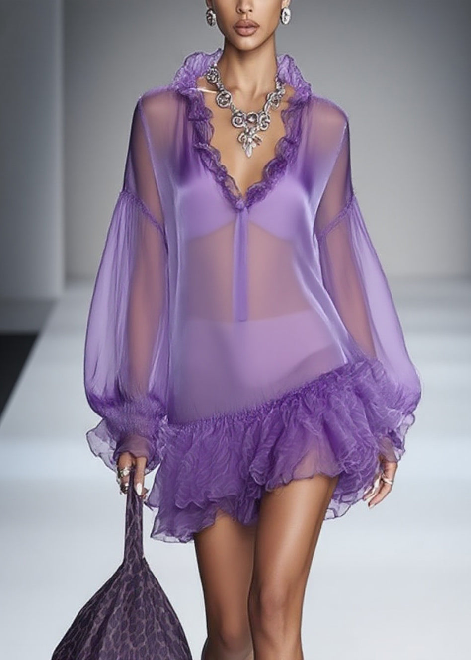 Beautiful Purple Ruffled Solid Tulle Mid Dress Spring - View 5
