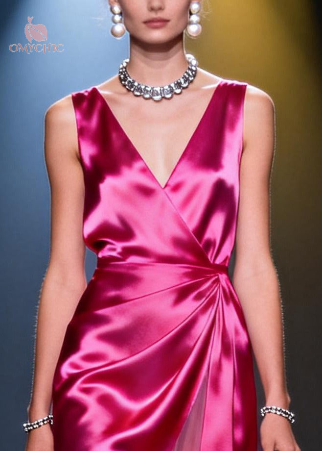 Deep V-Neck Sleeveless Satin Wrap Ruched High Low Midi Dress - View 2