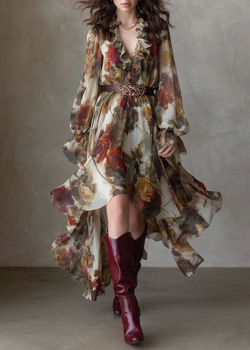 Beautiful V Neck Asymmetrical Ruffled Print Chiffon Dress