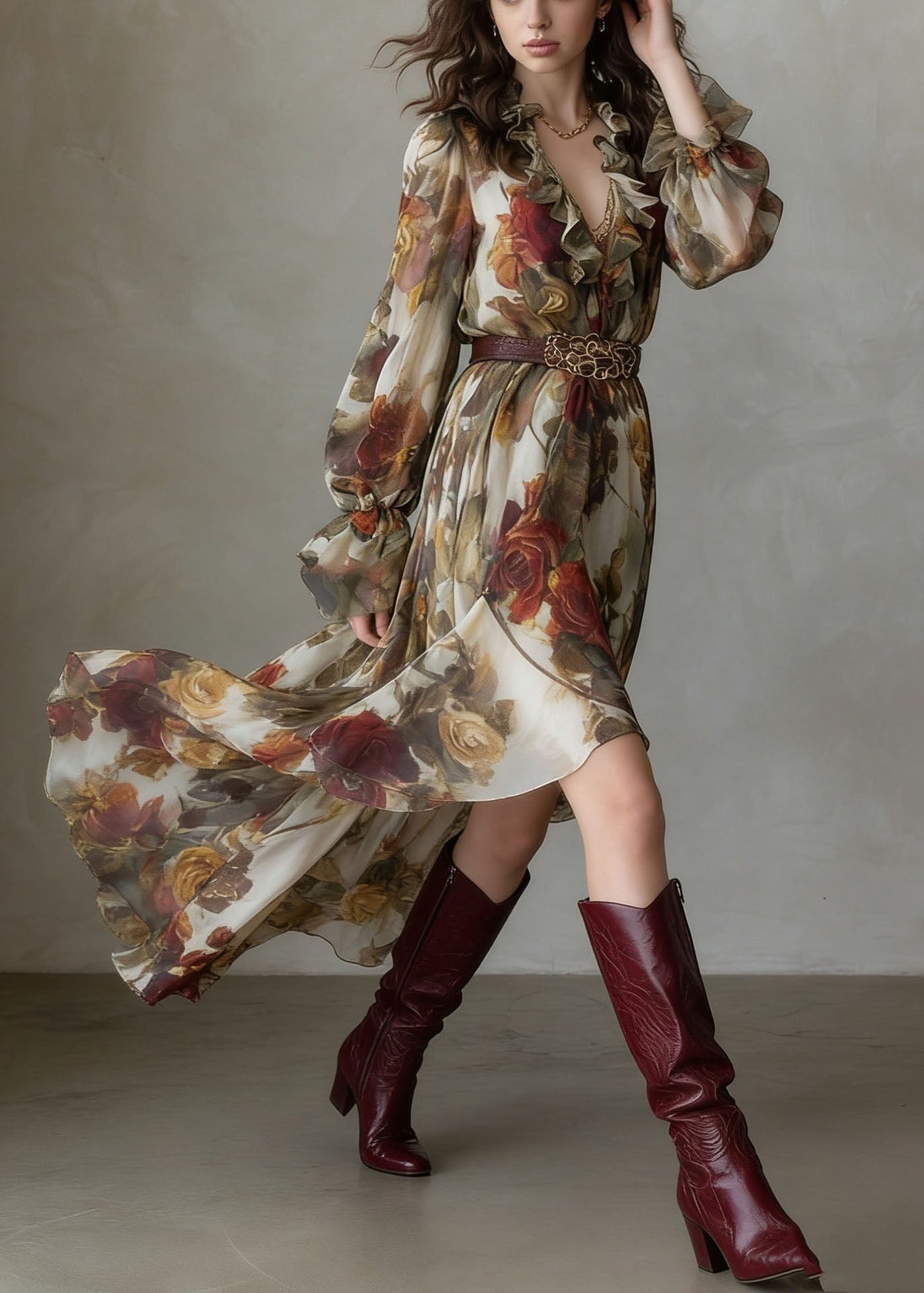 Beautiful V Neck Asymmetrical Ruffled Print Chiffon Dress - View 4