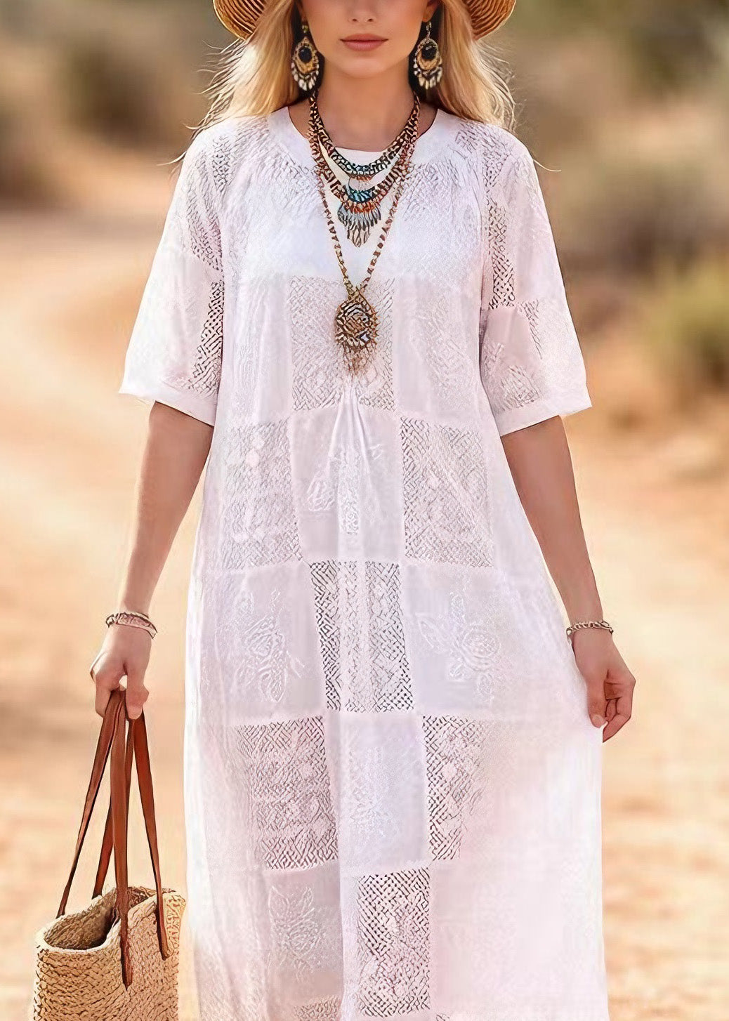 Beautiful White O Neck Embroidered Lace Maxi Dress Summer - View 2