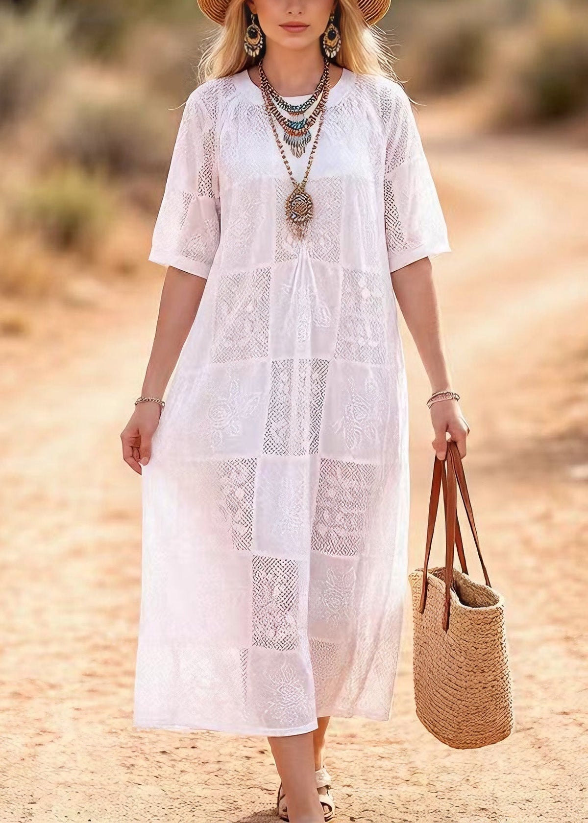 Beautiful White O Neck Embroidered Lace Maxi Dress Summer - View 3