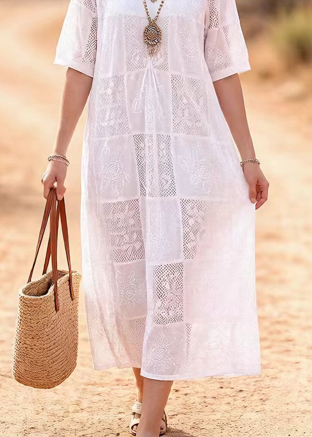 Beautiful White O Neck Embroidered Lace Maxi Dress Summer - View 4