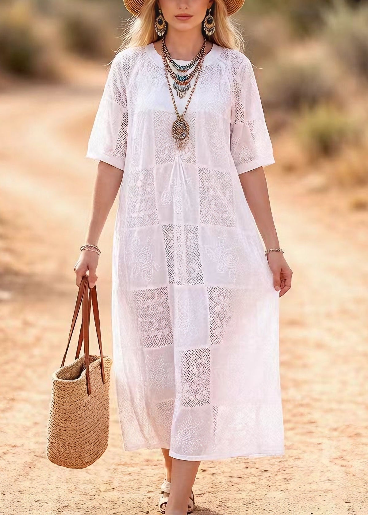 Beautiful White O Neck Embroidered Lace Maxi Dress Summer - View 5