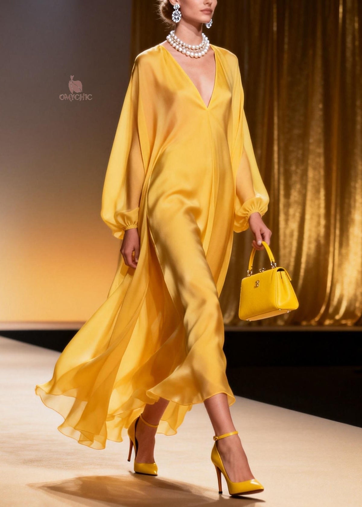 Satin Deep V-Neck Lantern Sleeve Flowy Asymmetrical Hem Maxi Gown