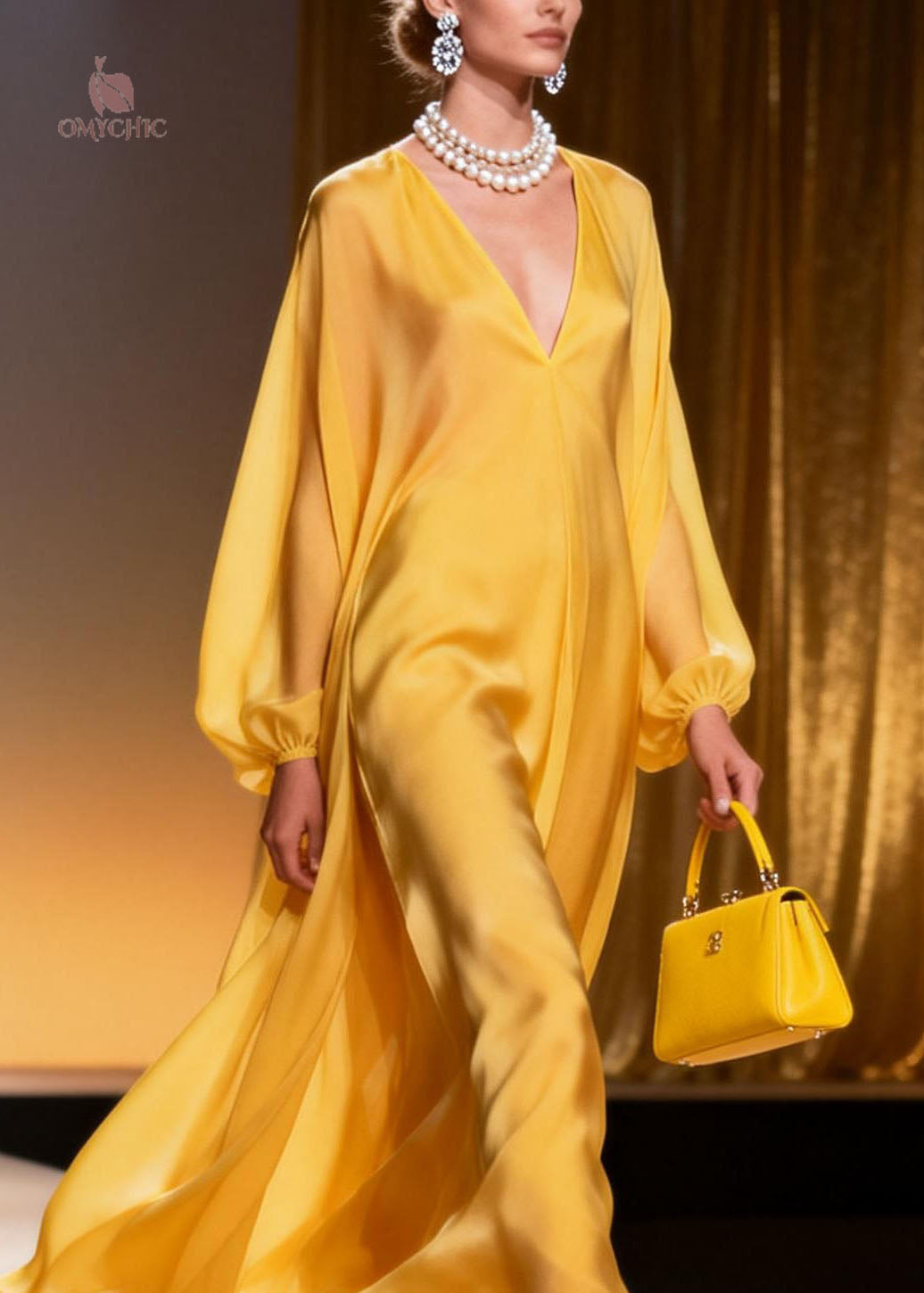 Satin Deep V-Neck Lantern Sleeve Flowy Asymmetrical Hem Maxi Gown - View 2