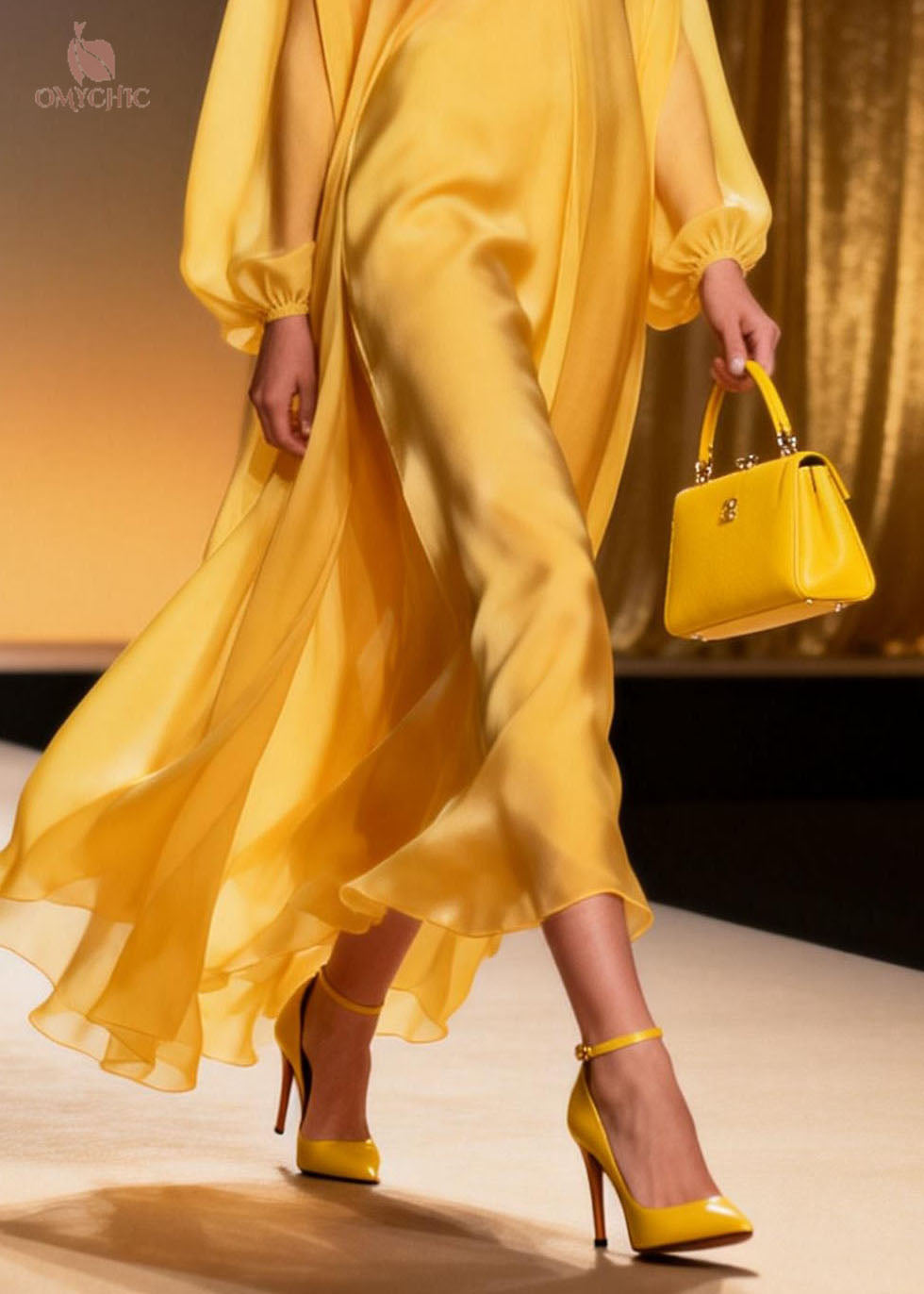 Satin Deep V-Neck Lantern Sleeve Flowy Asymmetrical Hem Maxi Gown - View 4
