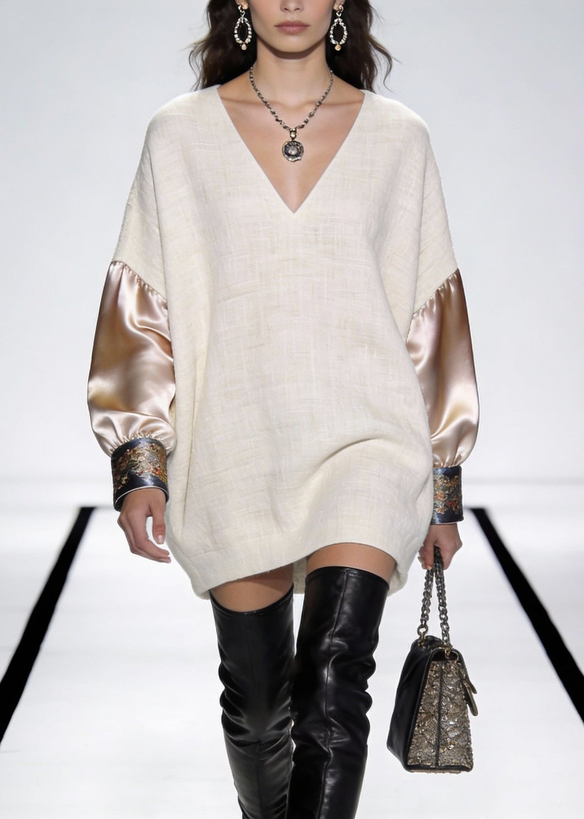 V-Neck Long Sleeve Embroidered Cuff Woven Patchwork Mini Dress
