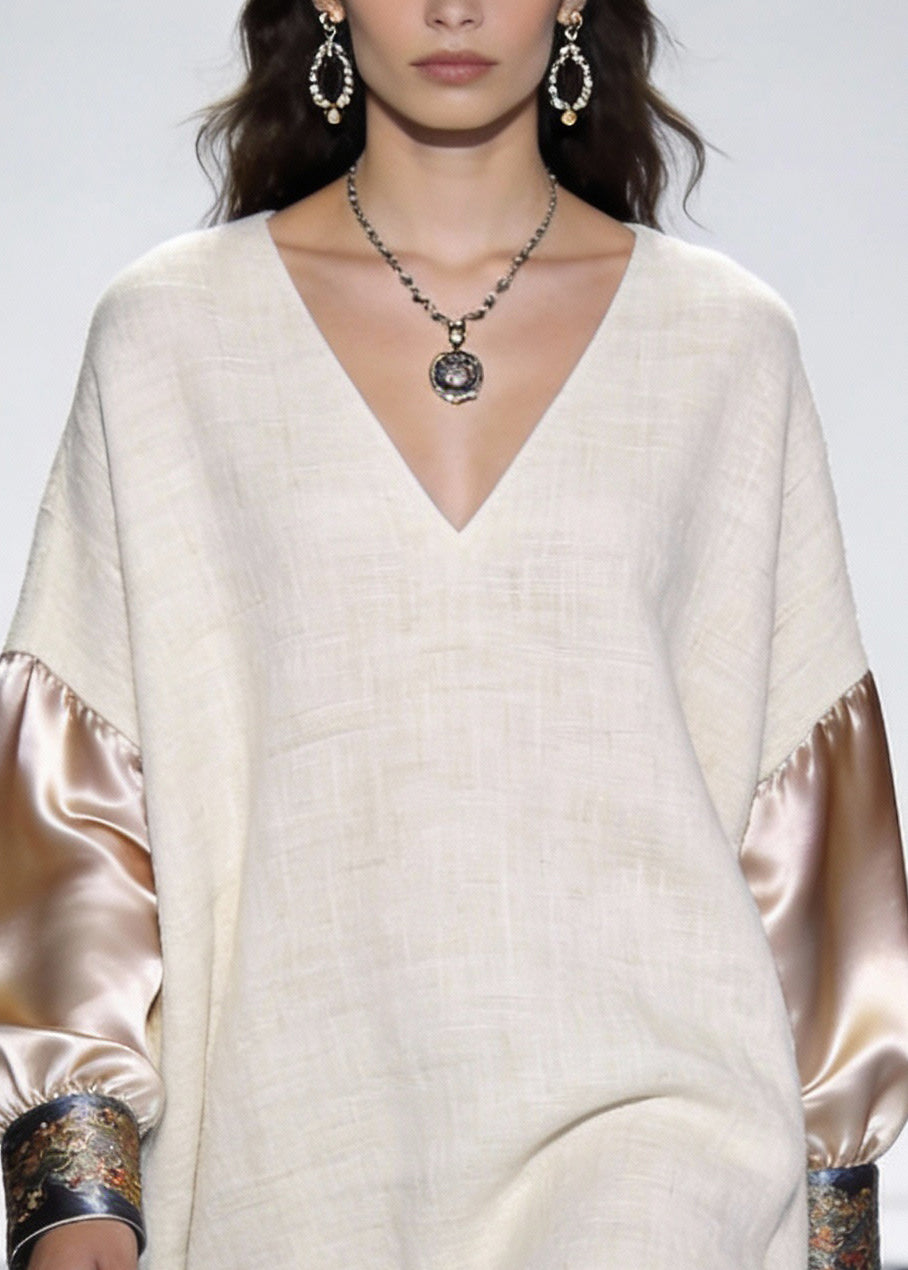 V-Neck Long Sleeve Embroidered Cuff Woven Patchwork Mini Dress - View 2