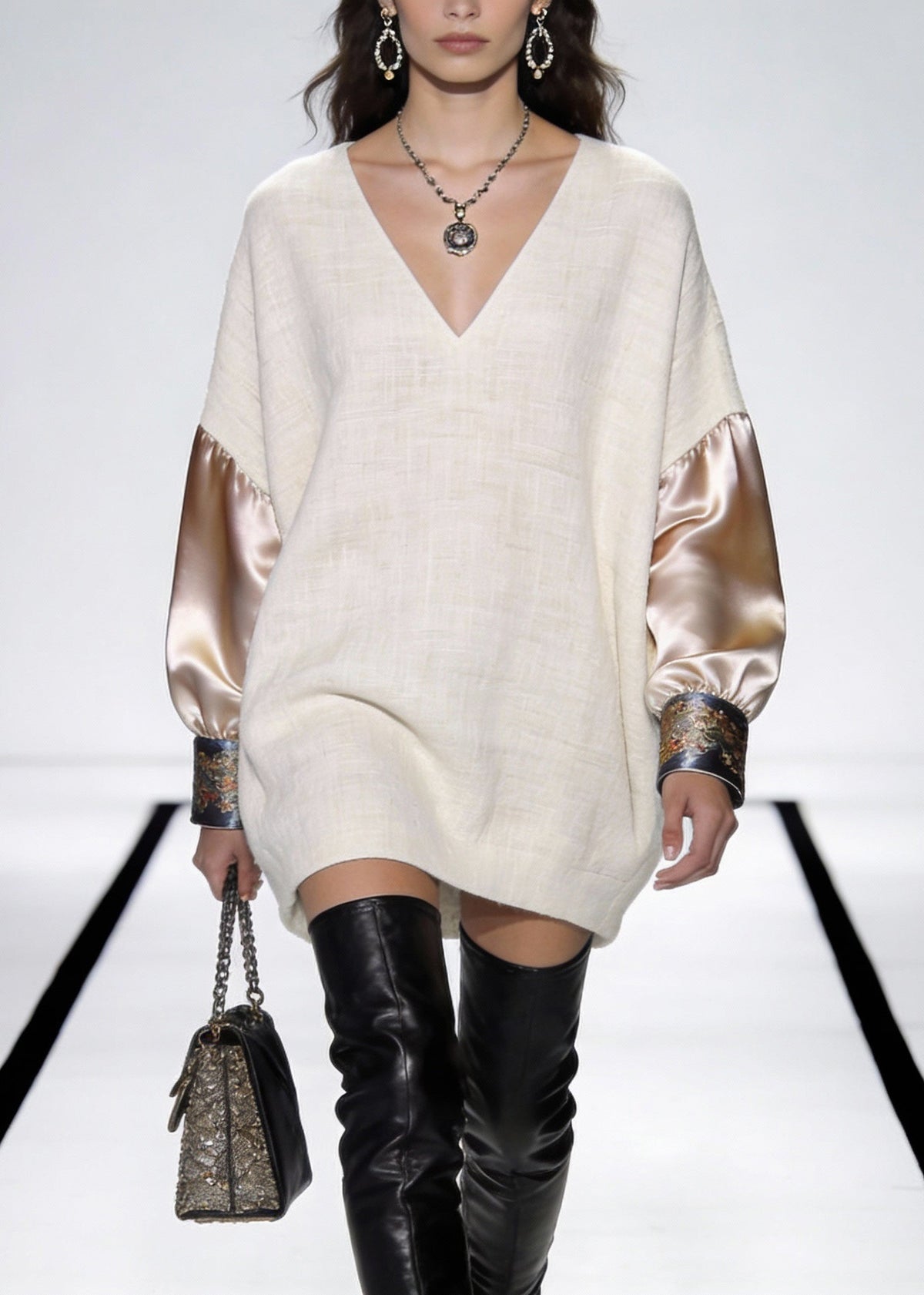 V-Neck Long Sleeve Embroidered Cuff Woven Patchwork Mini Dress - View 3