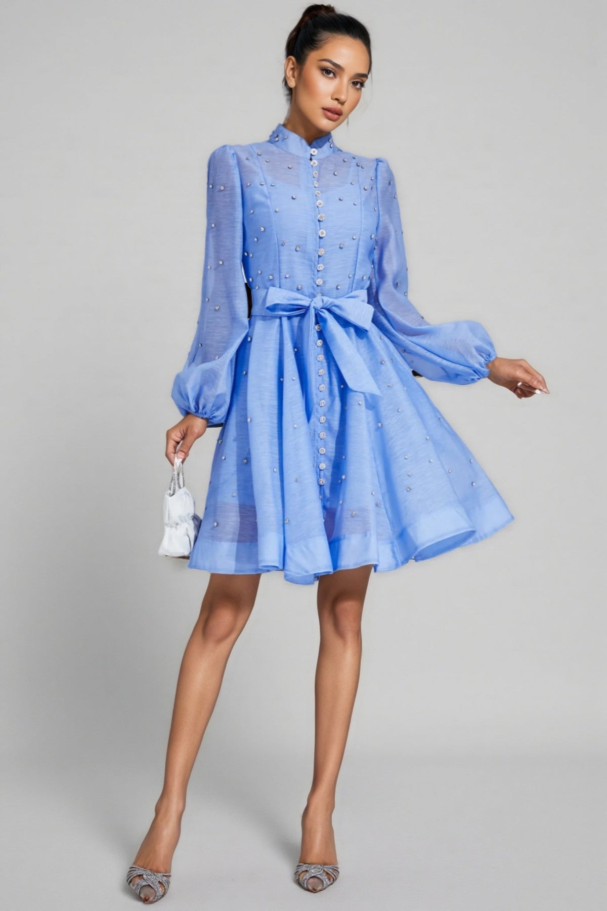 Pearl Embellished Puff Sleeve Mock Neck Tie A-Line Mini Dress