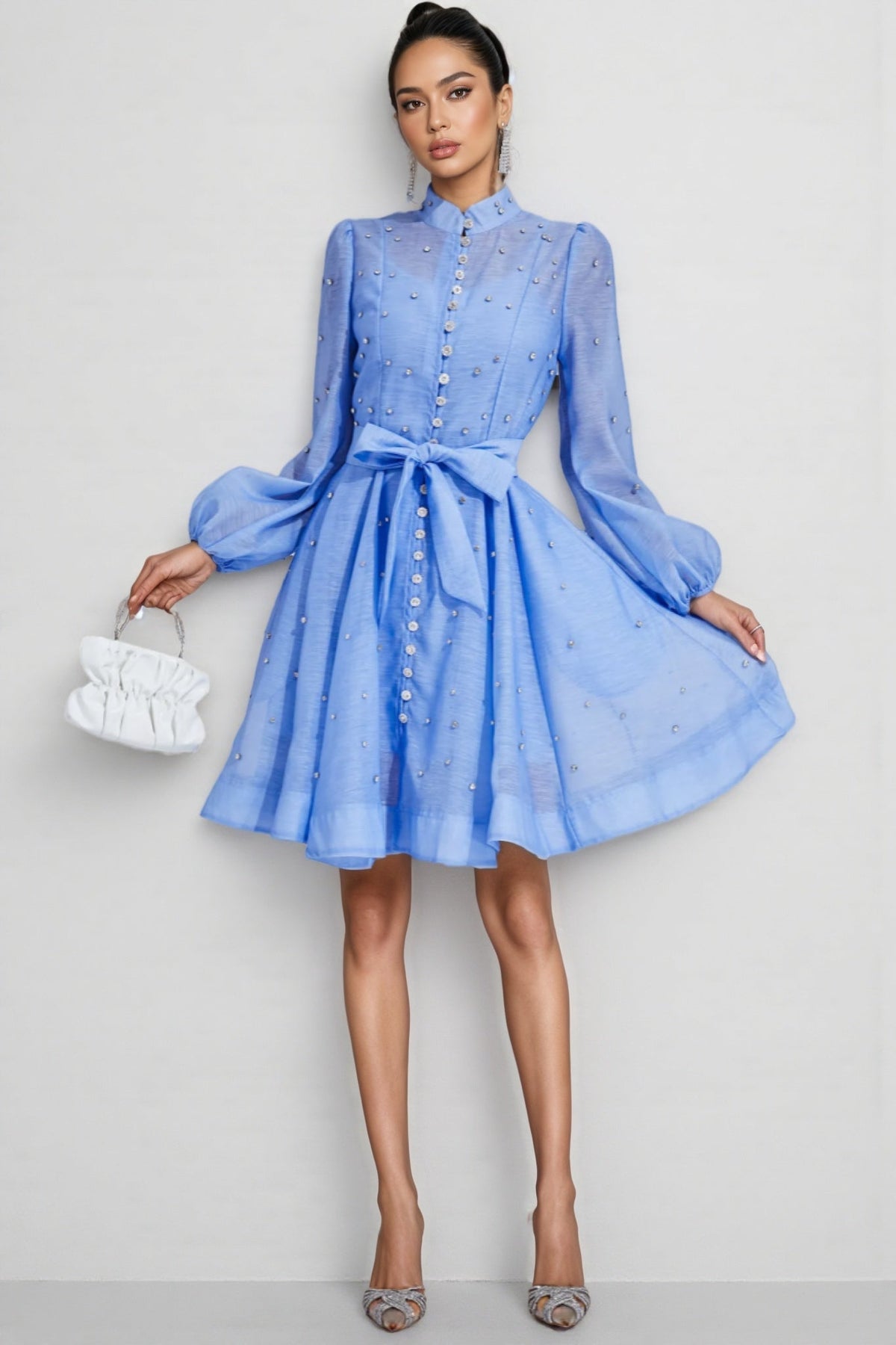 Pearl Embellished Puff Sleeve Mock Neck Tie A-Line Mini Dress - View 3
