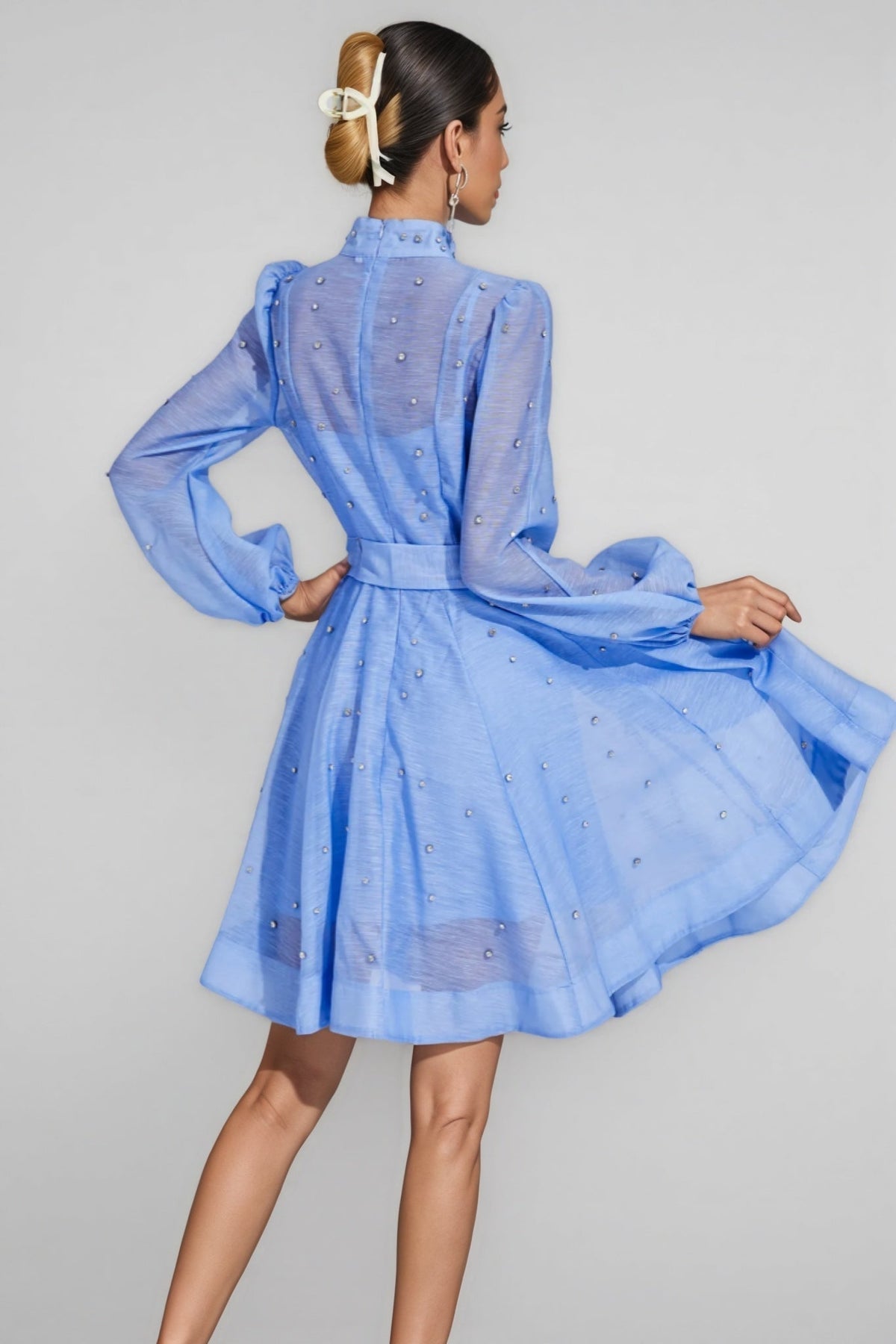 Pearl Embellished Puff Sleeve Mock Neck Tie A-Line Mini Dress - View 4