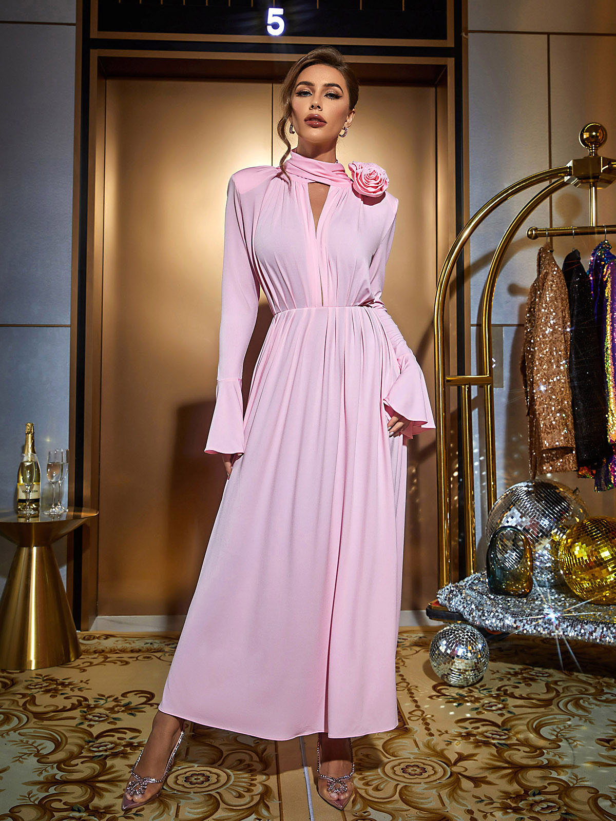 Long Sleeve Tie Neck 3D Flower High Split A-Line Maxi Dress - View 3