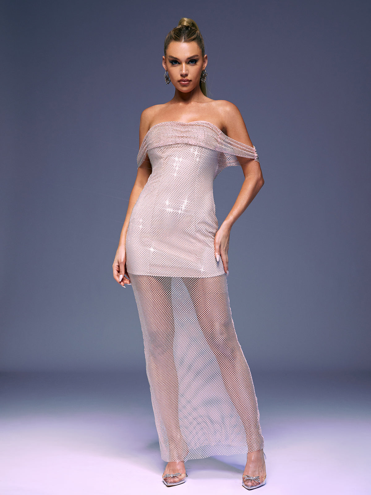 Bexley Off Shoulder Mesh Rhinestone Maxi Dress