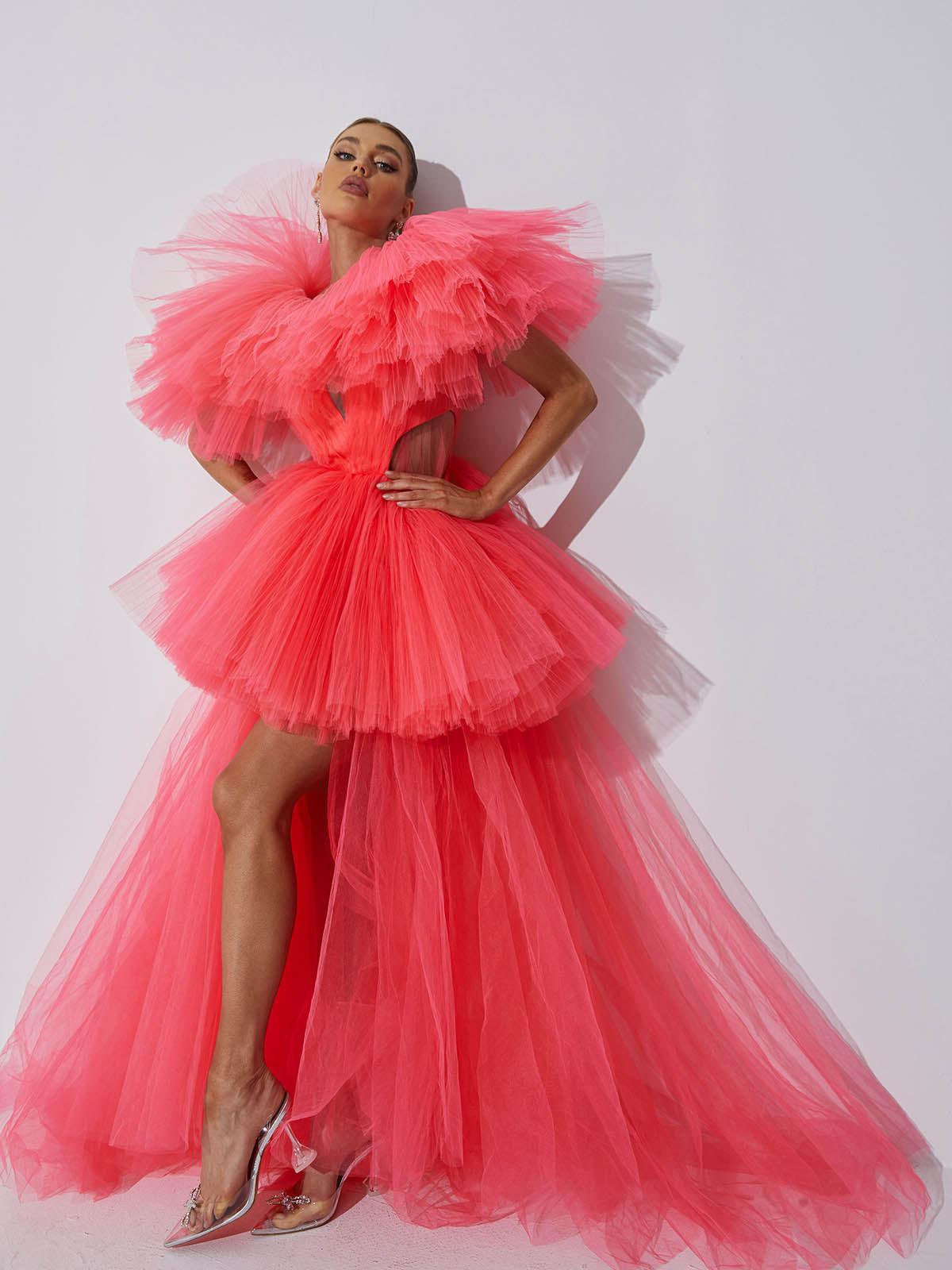 Tulle Deep V-Neck Cut Out Waist Ruffle Sleeve Tiered Maxi Gown - View 3