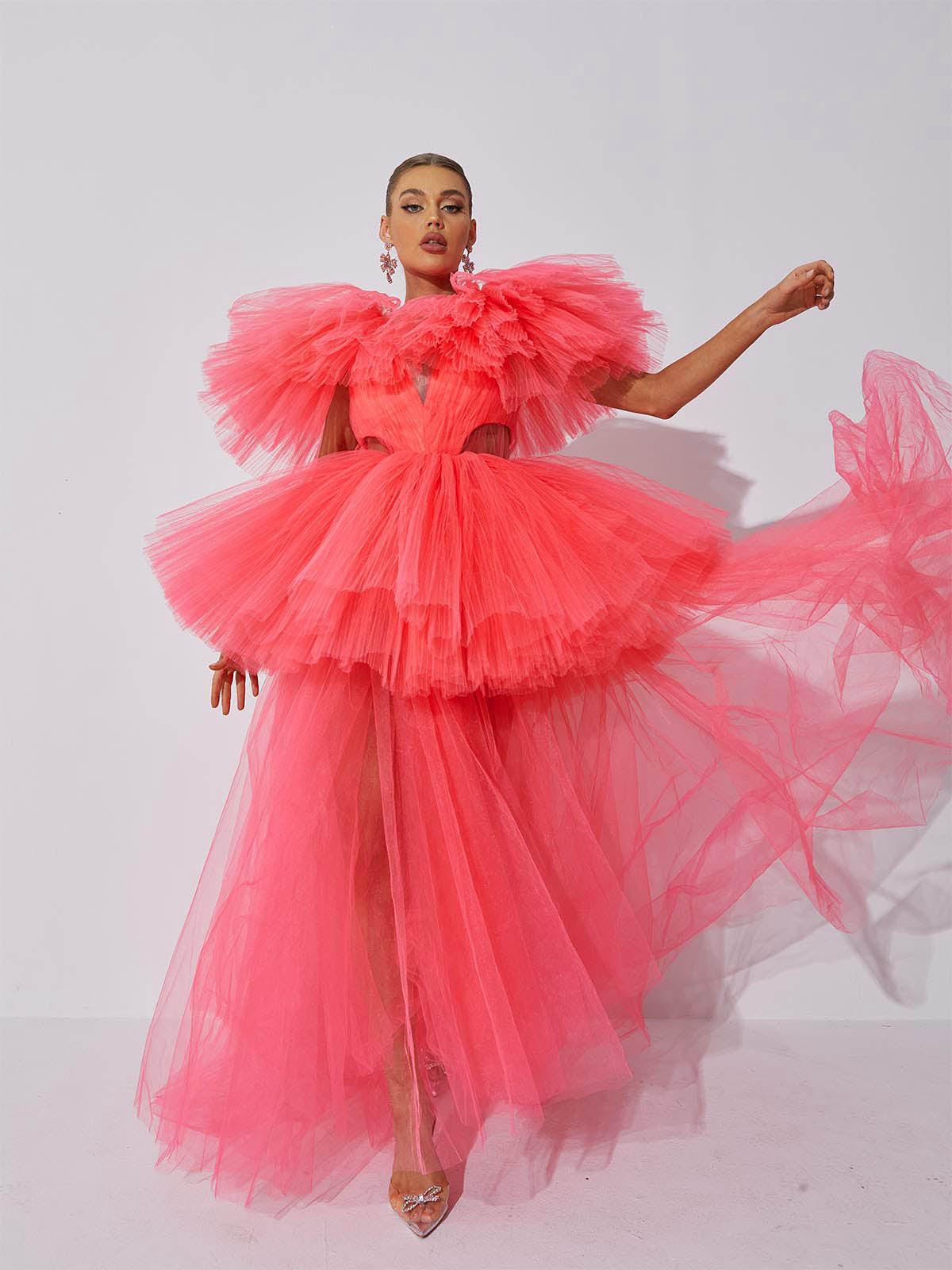 Tulle Deep V-Neck Cut Out Waist Ruffle Sleeve Tiered Maxi Gown