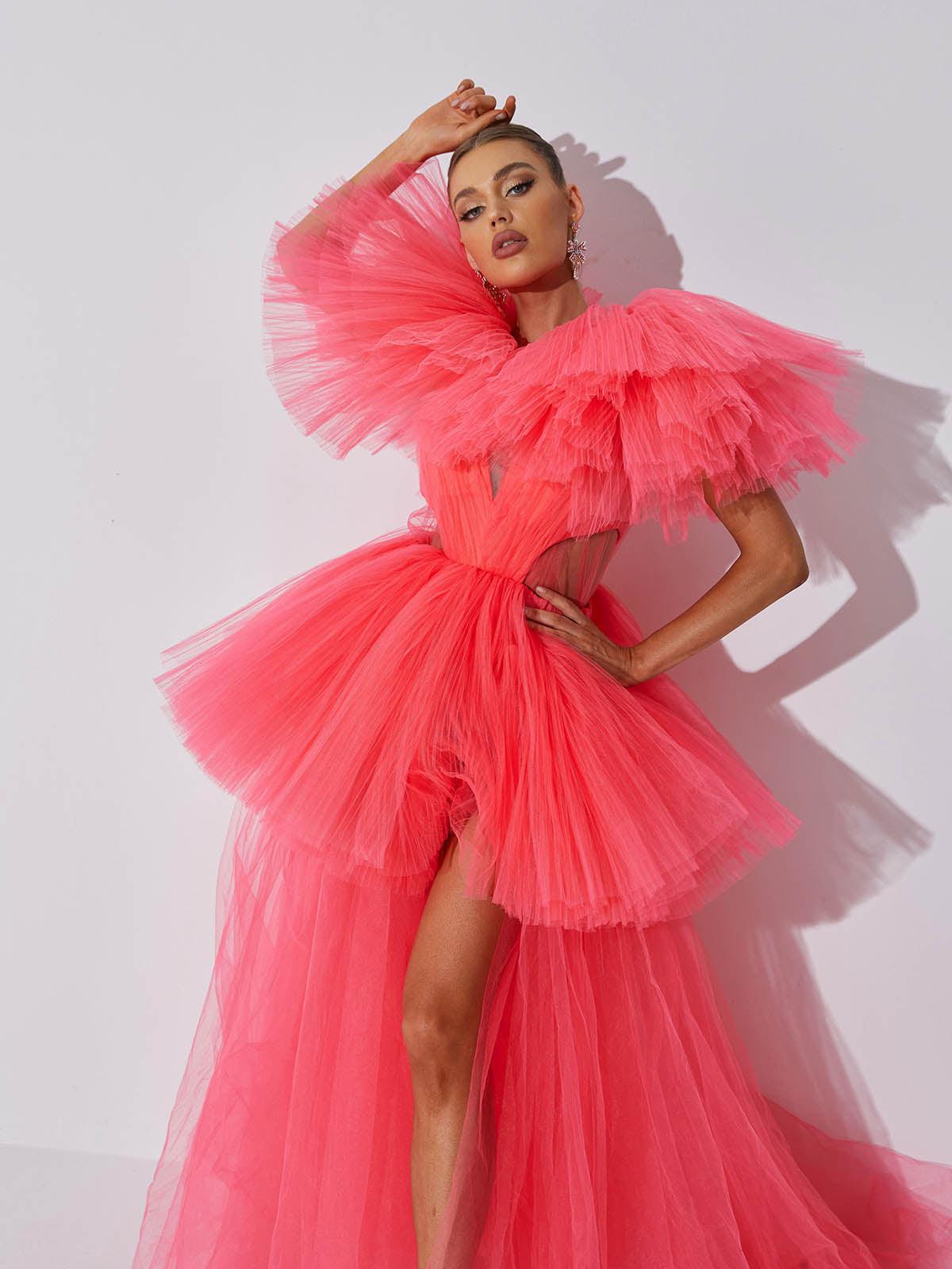 Tulle Deep V-Neck Cut Out Waist Ruffle Sleeve Tiered Maxi Gown - View 5