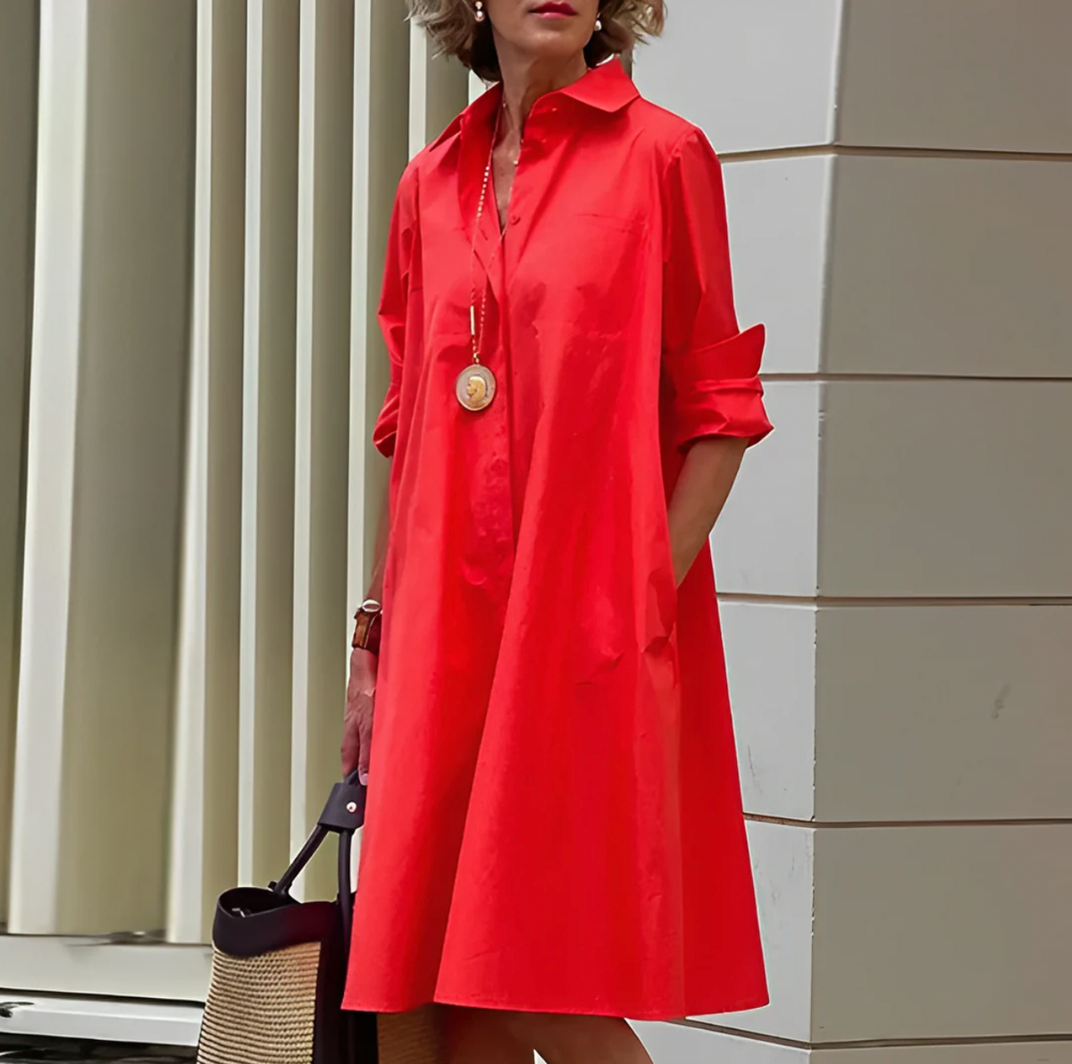 Collar Button Front Long Sleeve Pocket Shirt Midi Dress