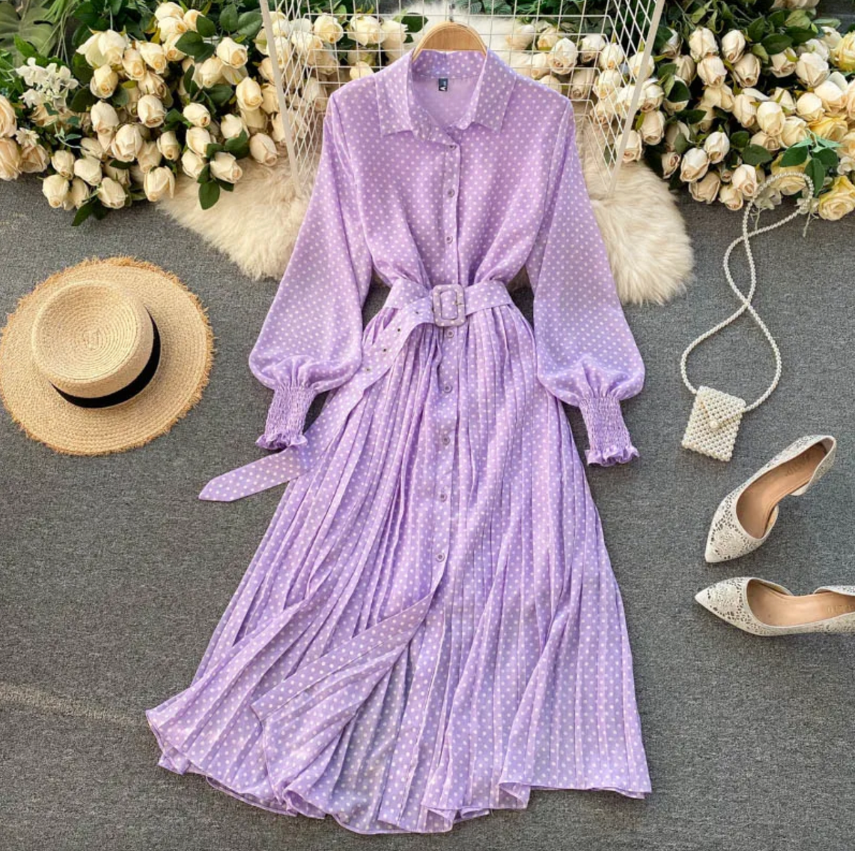 Polka Dot Long Sleeve Collared Button Down Midi Shirt Dress - View 6