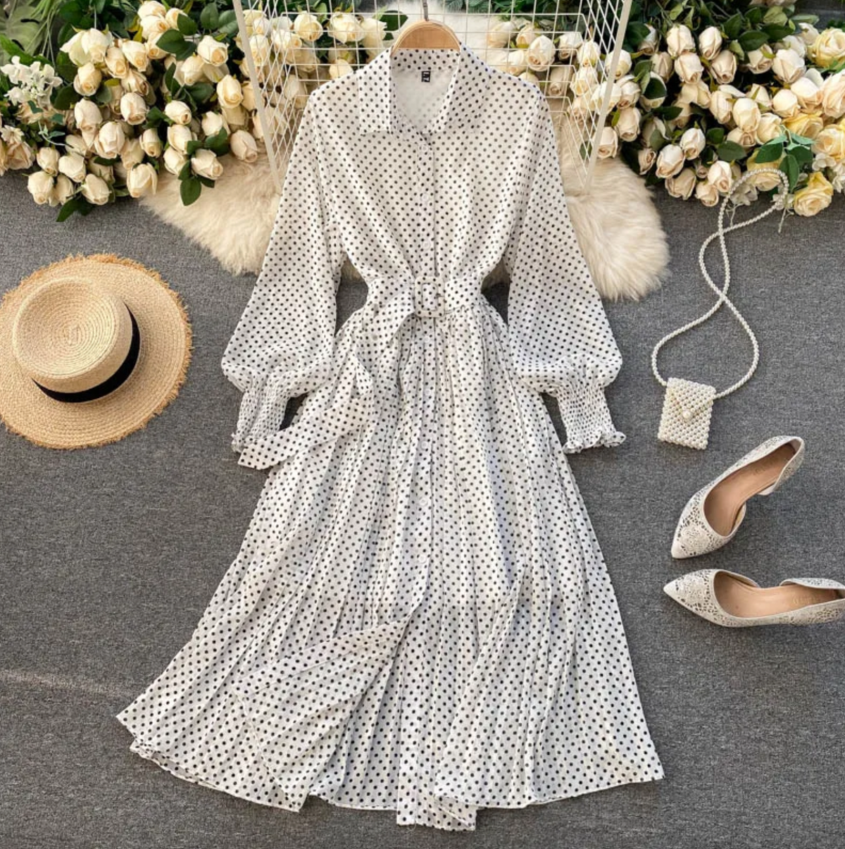Polka Dot Long Sleeve Collared Button Down Midi Shirt Dress - View 5