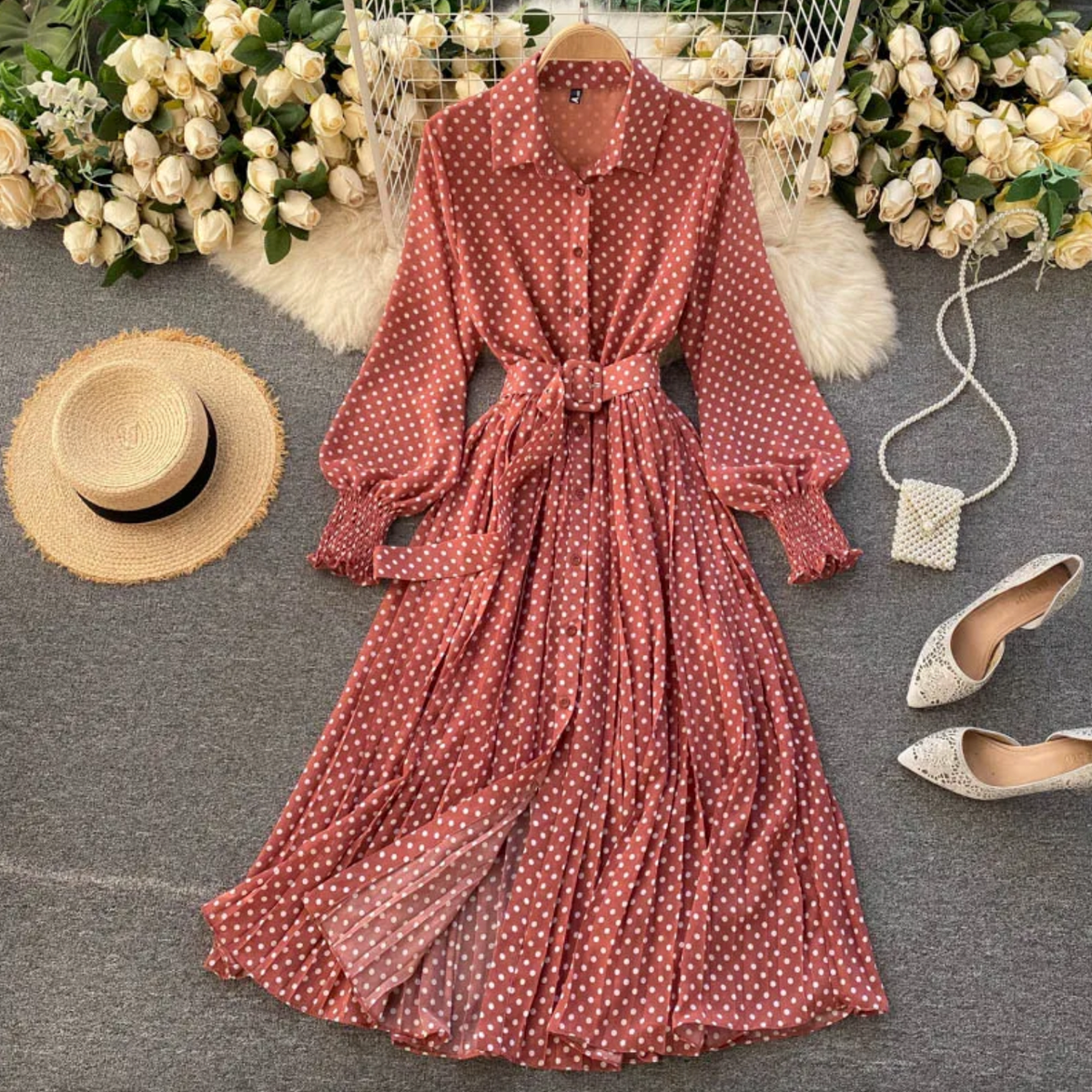 Polka Dot Long Sleeve Collared Button Down Midi Shirt Dress - View 4
