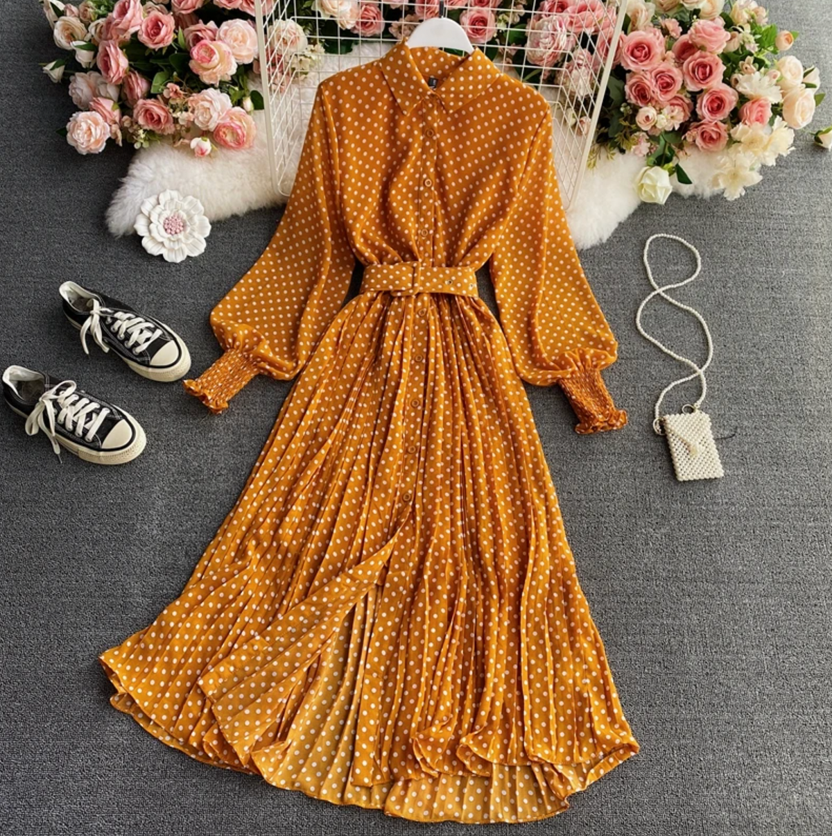 Polka Dot Long Sleeve Collared Button Down Midi Shirt Dress - View 3