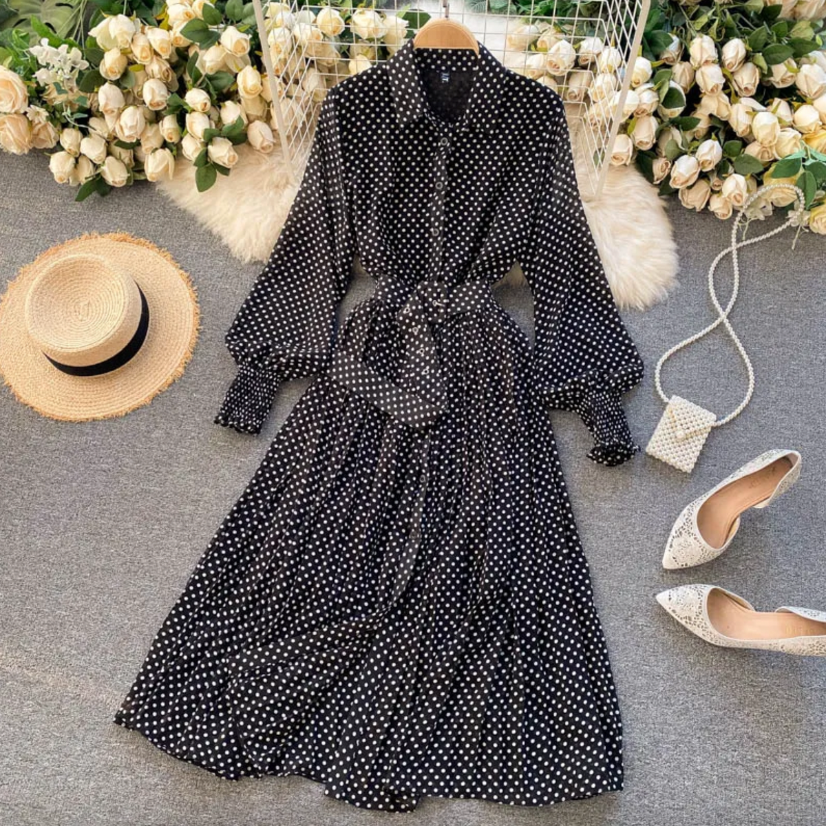 Polka Dot Long Sleeve Collared Button Down Midi Shirt Dress - View 2