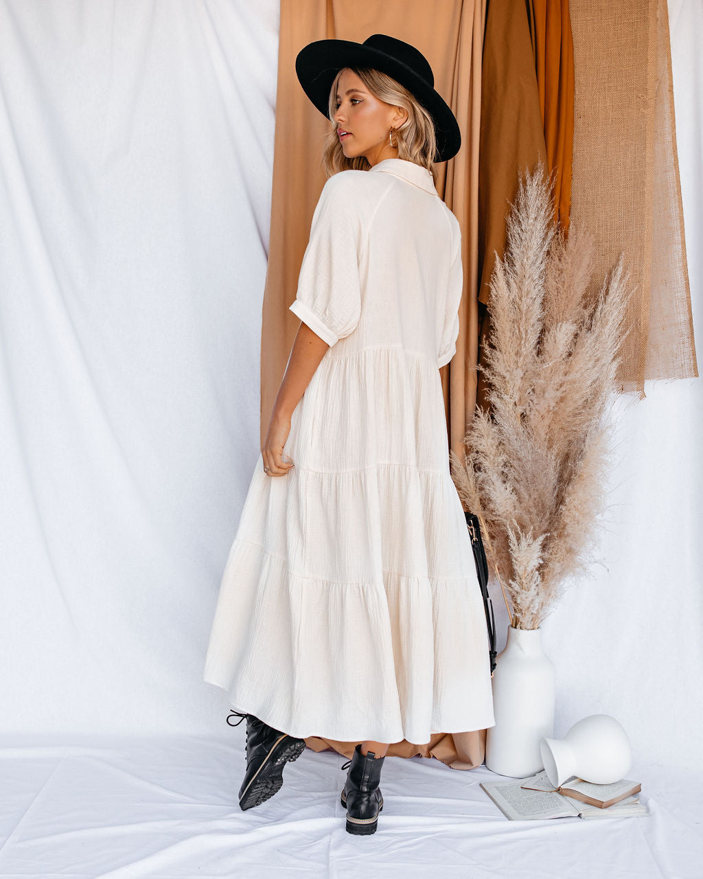 Collared Button Front Tiered Maxi Dress