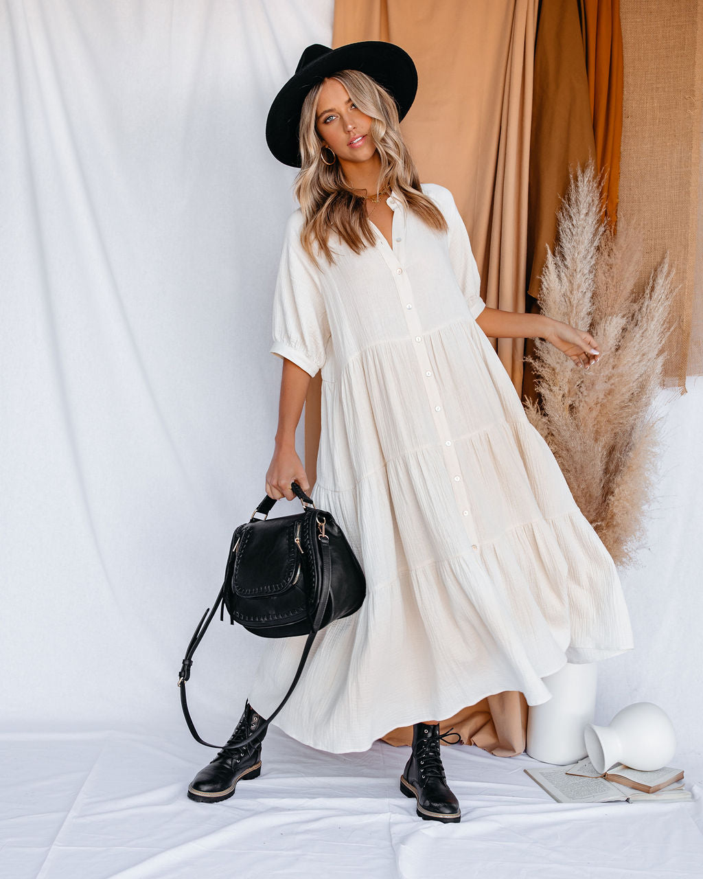 Collared Button Front Tiered Maxi Dress