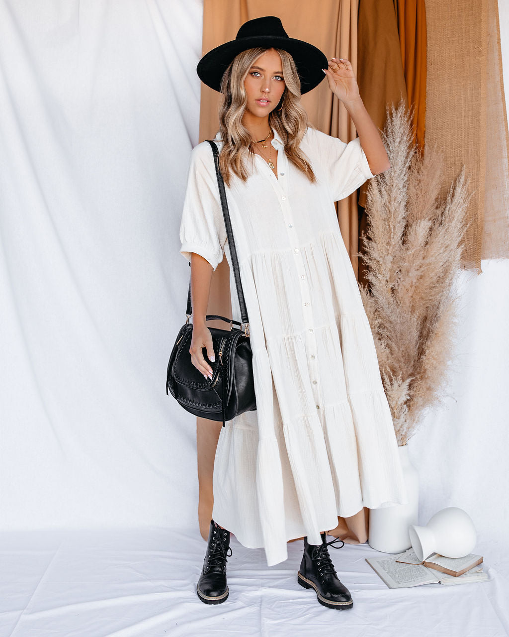 Collared Button Front Tiered Maxi Dress