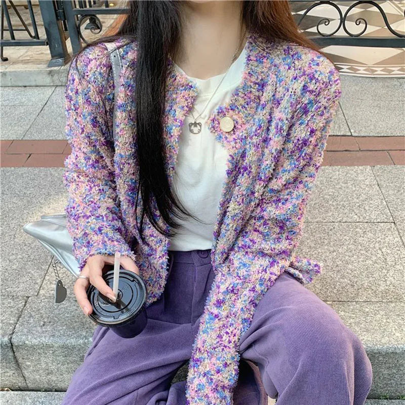 Purple Floral Lazy Wind Loose Knit Cardigan