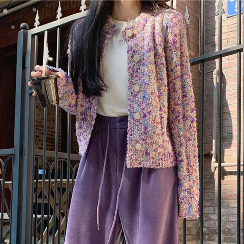 Purple Floral Lazy Wind Loose Knit Cardigan