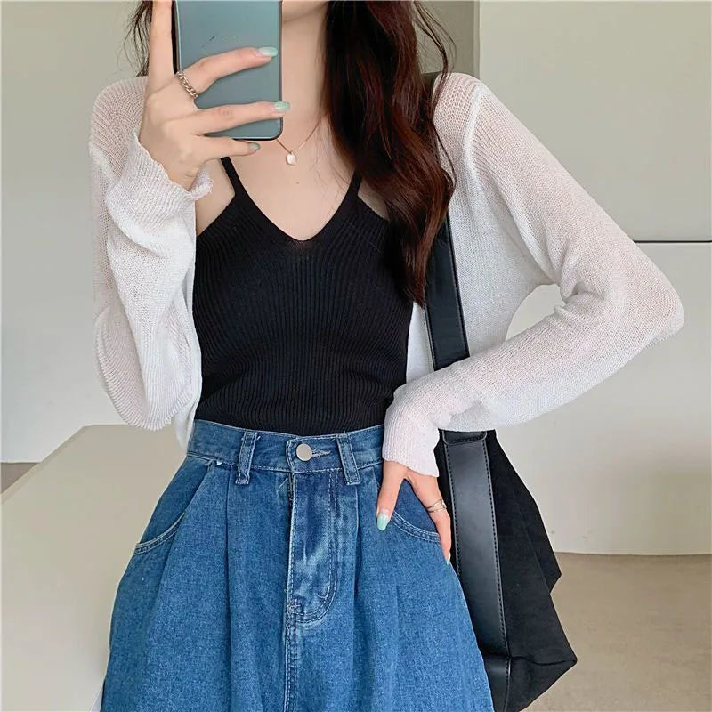 Thin Long Sleeve Sunscreen Cropped Solid Knit Cardigan