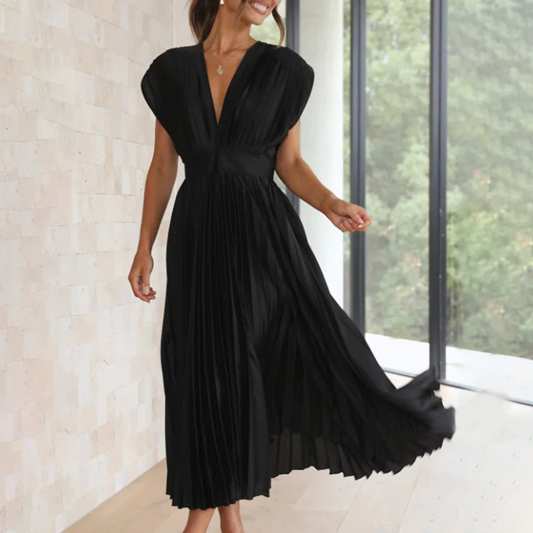 Pleated Satin Deep V-Neck Sleeveless Midi Dress 4
