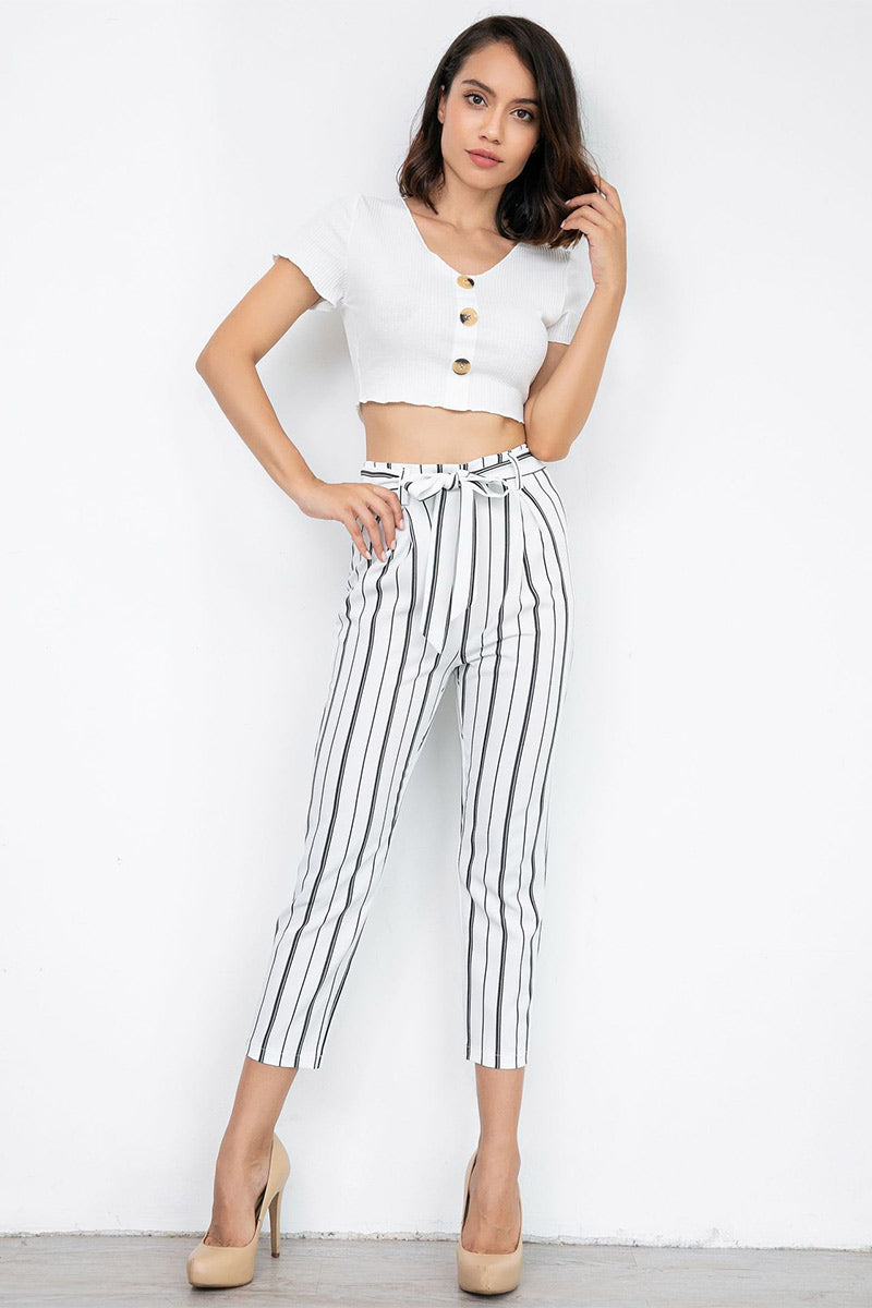 Black And White Striped Empire Belted Pants