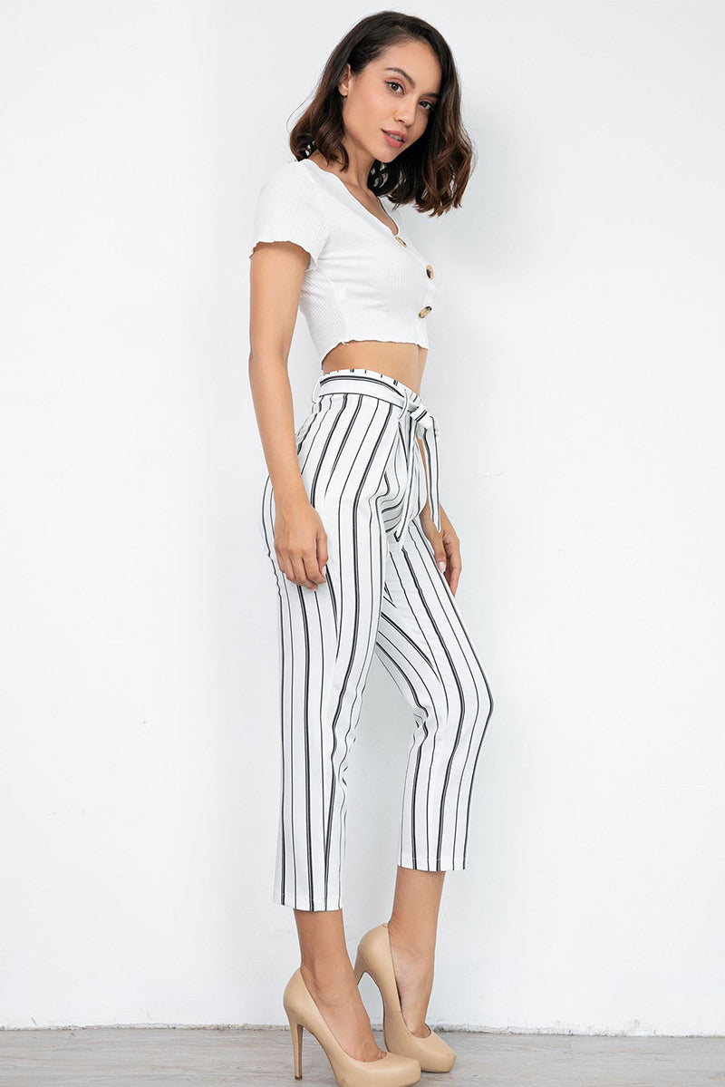 Black And White Striped Empire Belted Pants