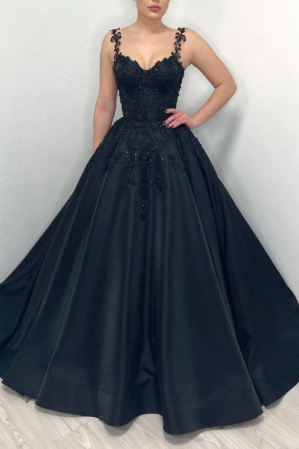 Ball Gown Black Sweetheart Straps Evening Dress with Appliques - Fashionpara