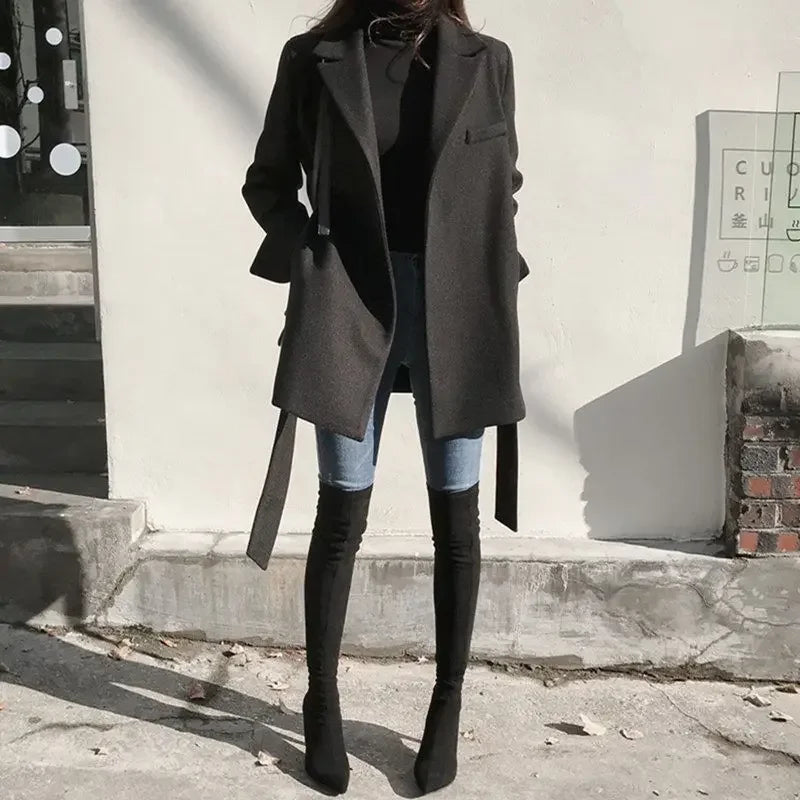 Black Blazer Wool Blend Lace-Up Overcoat
