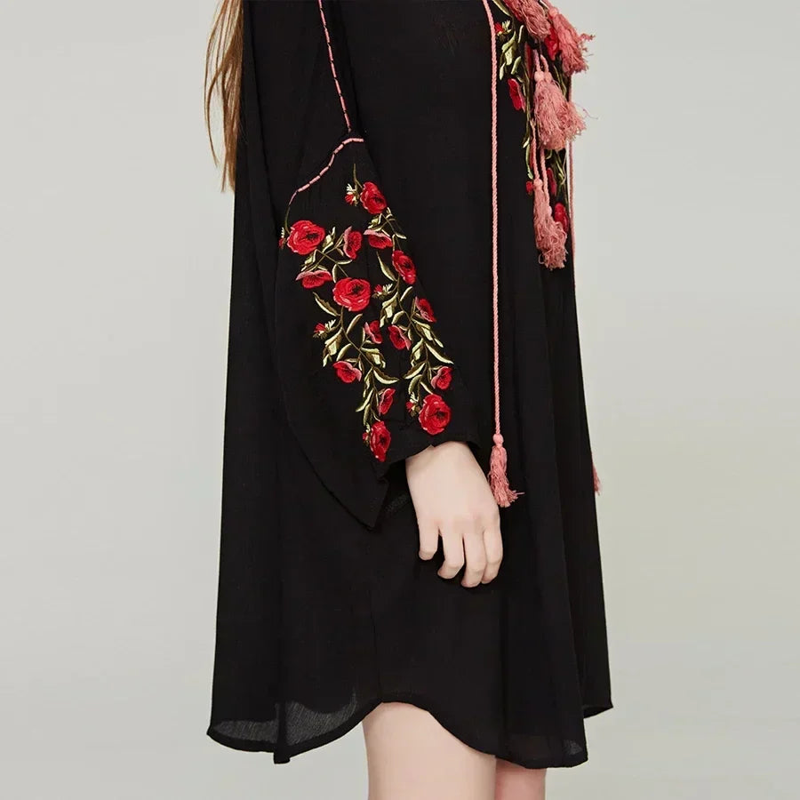 Black Cotton Rayon Floral Embroidery Beach Dress