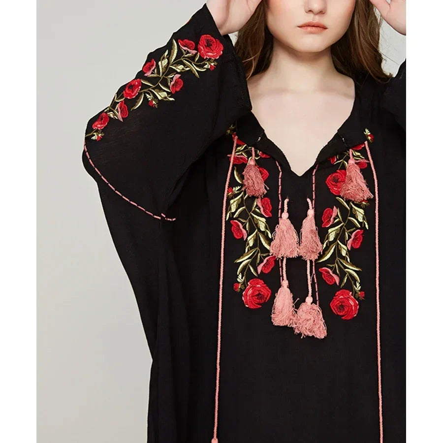 Black Cotton Rayon Floral Embroidery Beach Dress